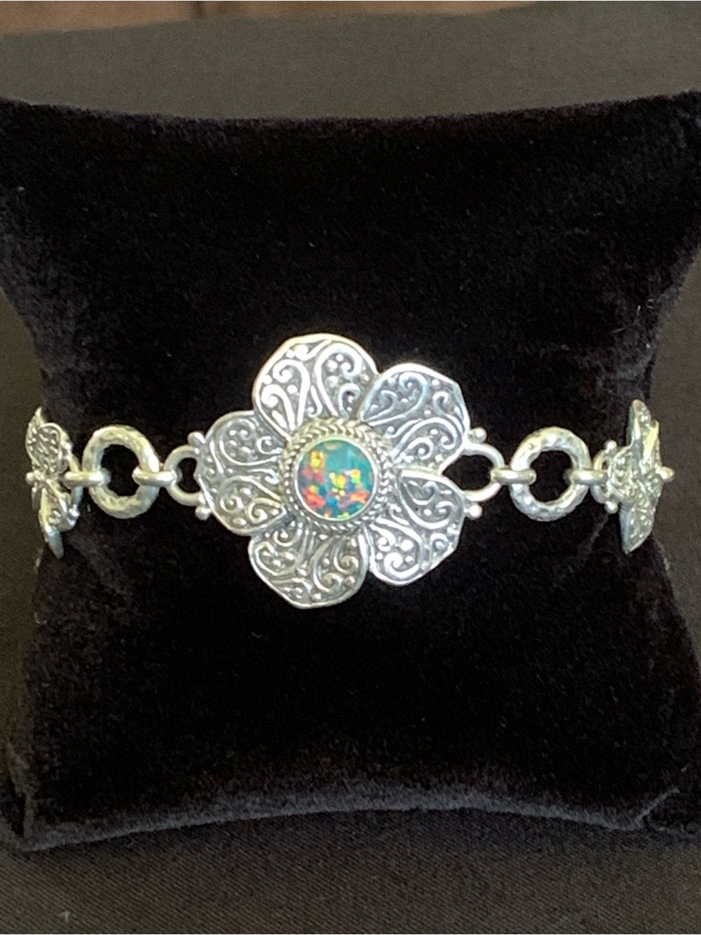 Sarda Sterling Silver Sea Green Opal Simulated Opal Frangipani Bracelet